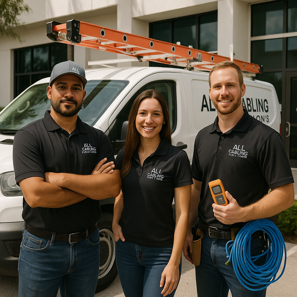 Team on-site with equipment and cases at a commercial install